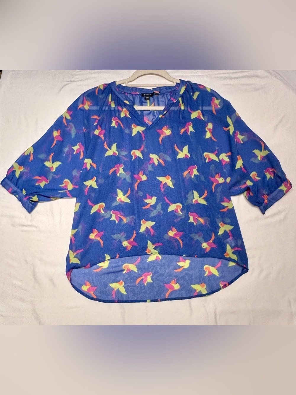 Zunie Multicolor Bird Print Blue Sheer Top xl-16
